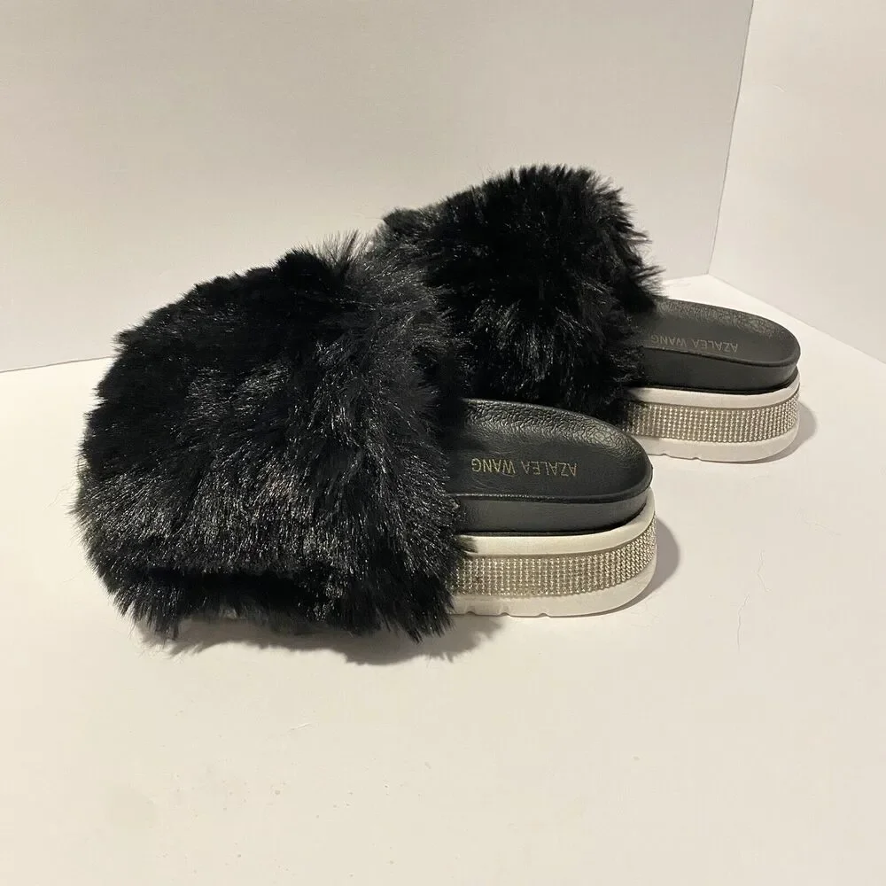 Azalea Wang‎ Rhinestone Fur Slide Sandals Platform Size 7 Chic Glamorous Bling